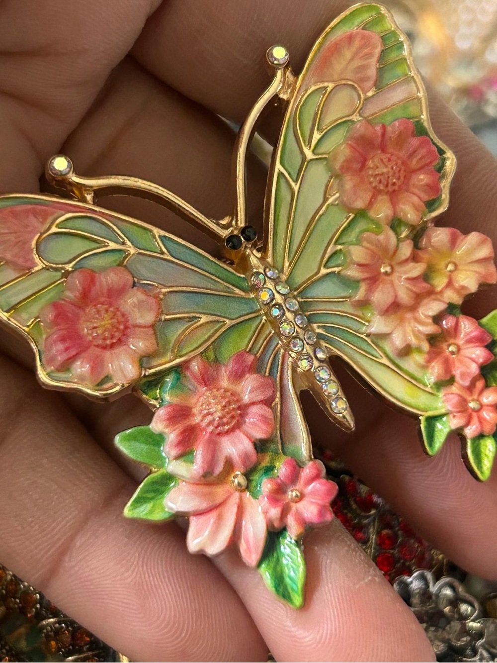Floral Butterfly Brooch - Pink & Green Enamel